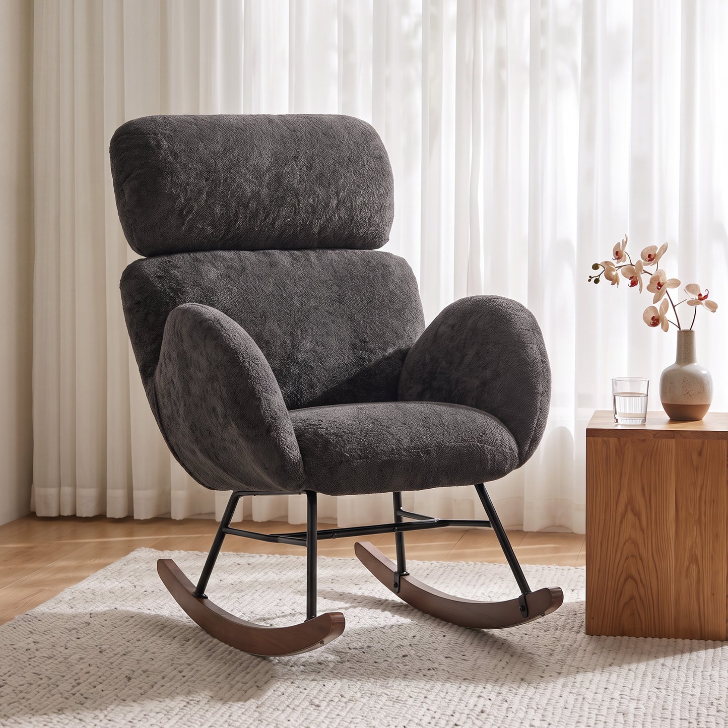 HOMCOM Dark Grey Velvet Rocking Chair With Adjustable Headrest Rubberwood Base