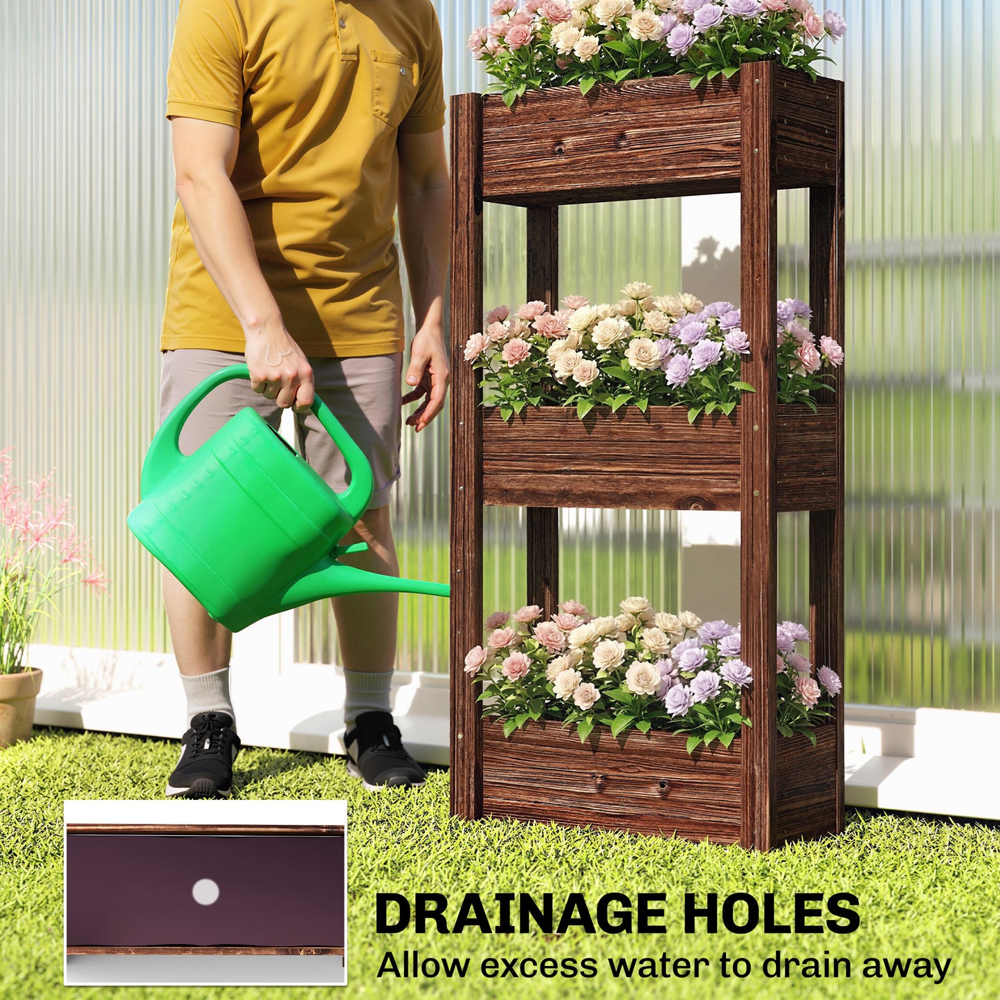 Outsunny Three Tier Wooden Raised Planter Legs Drainage Holes Bed Liner Elevated Garden Bed