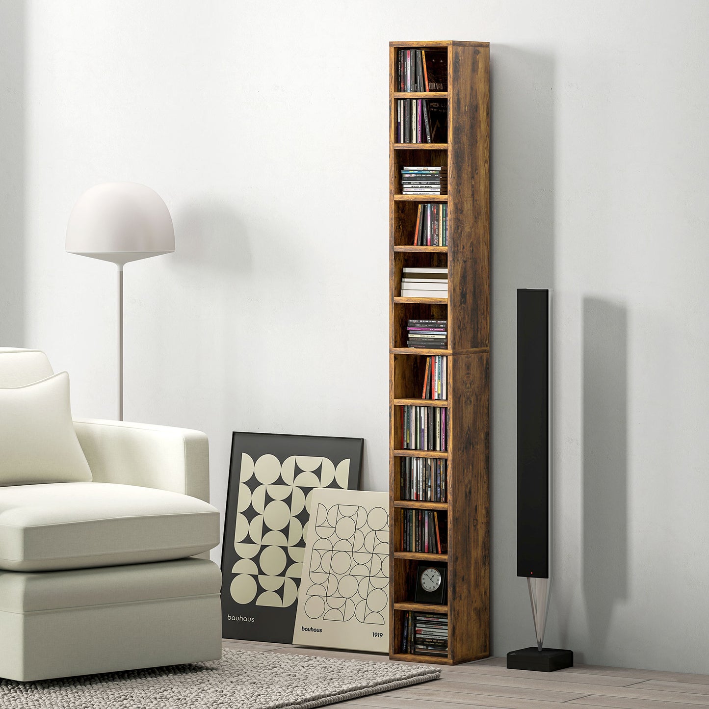 HOMCOM 12 Tier CD Storage Tower Tall Narrow Rustic Brown Media Organizer Anti tipping Design Holds 204 CDs