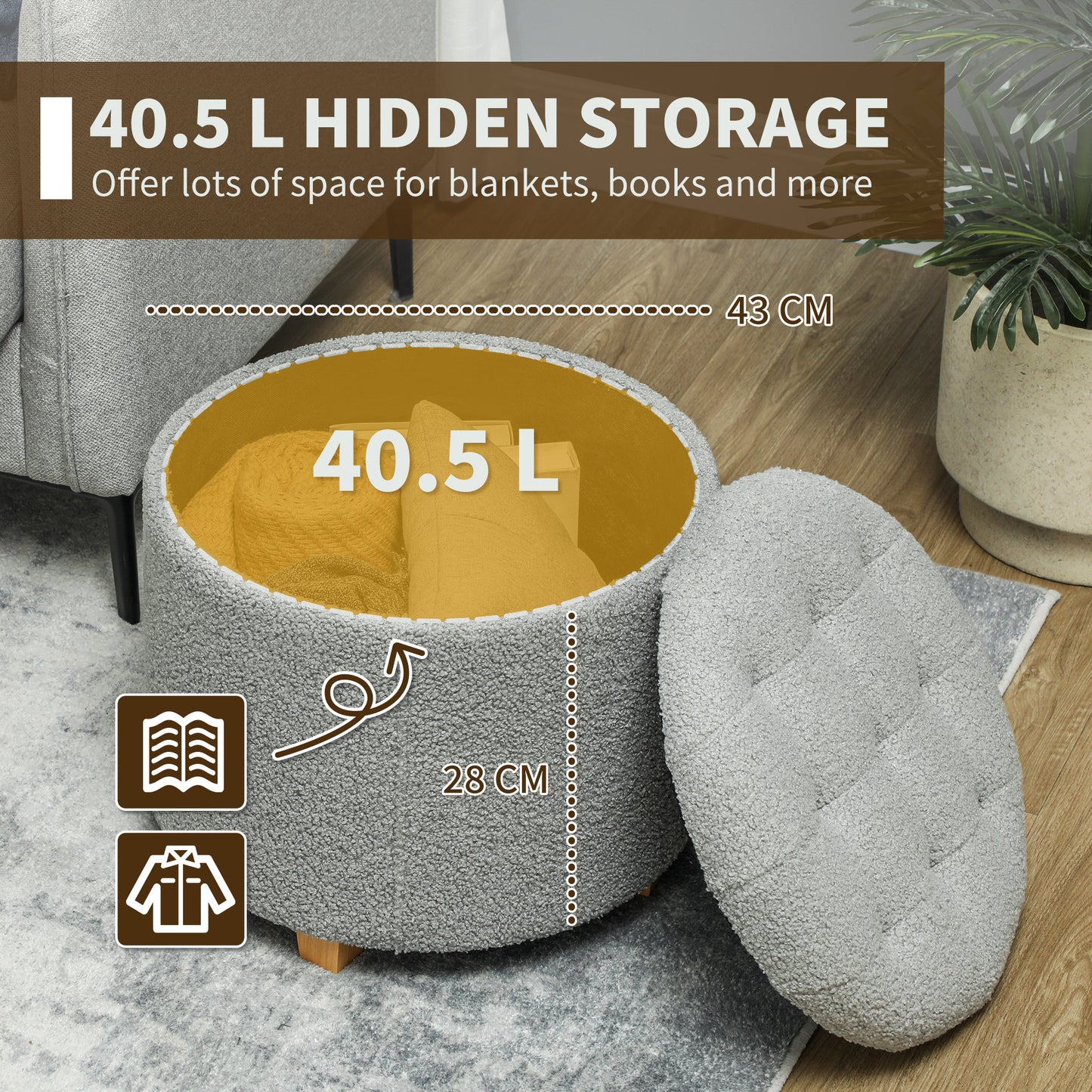 HOMCOM 40.5L Teddy Fleece Storage Ottoman Grey with Button Tufted Lid for Cozy Seat and Storage