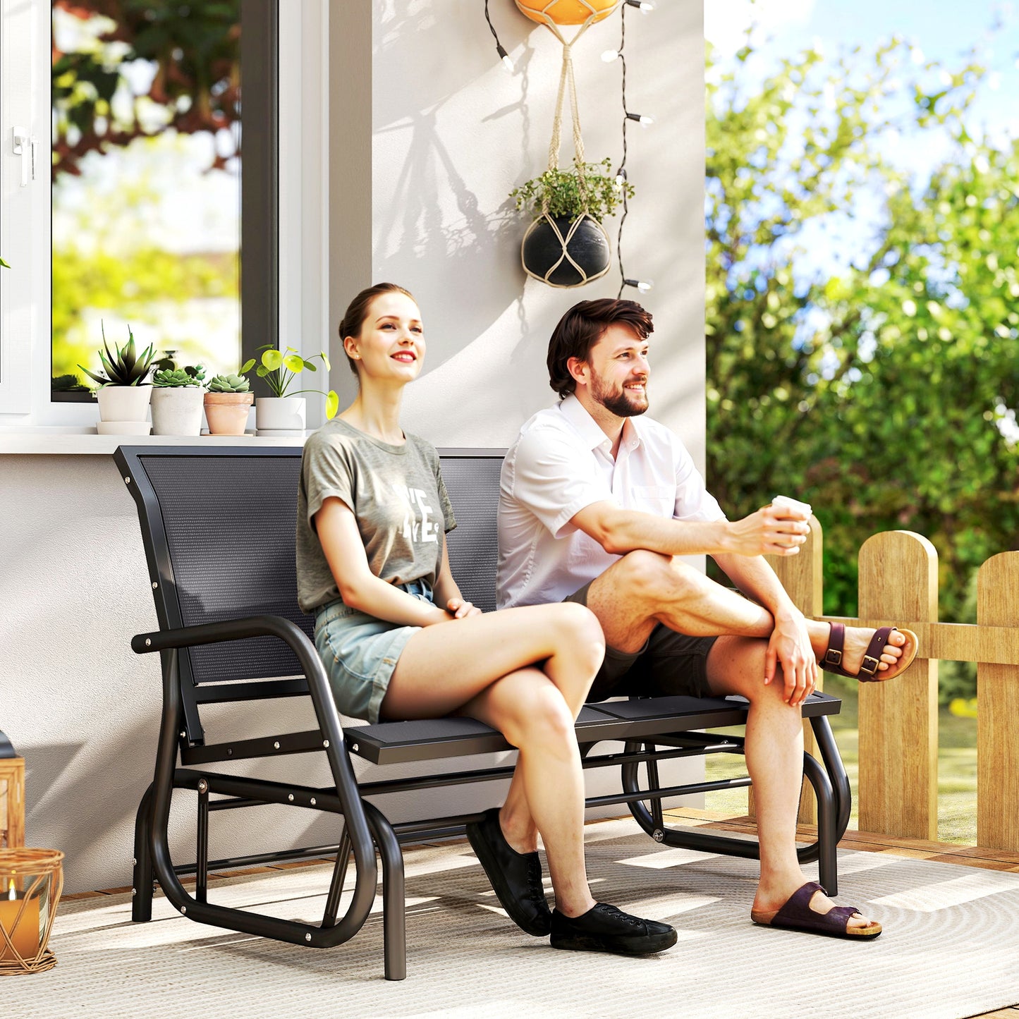 Outsunny Two Person Outdoor Glider Bench Patio Swing Loveseat With Powder Coated Steel Frame Grey