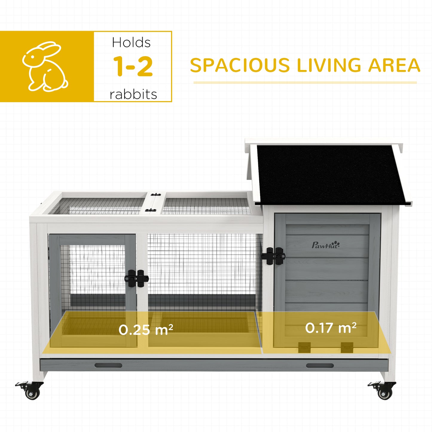 PawHut Wooden Rabbit Hutch Guinea Pig Cage Removable Tray Wheels Grey - ALL4U RETAILER LTD