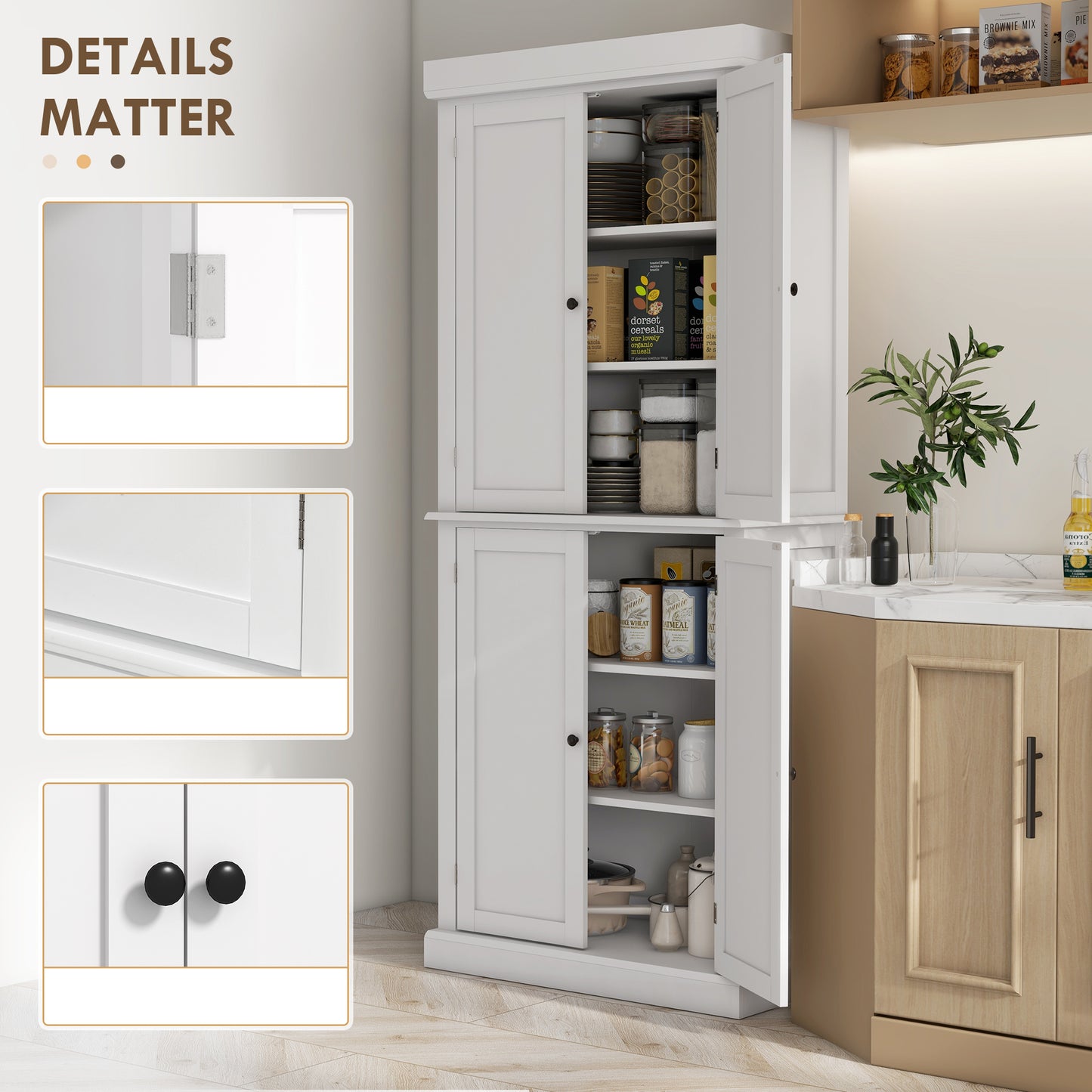 HOMCOM Slimline White Kitchen Storage Cabinet with Adjustable Shelves and 4 Doors - ALL4U RETAILER LTD