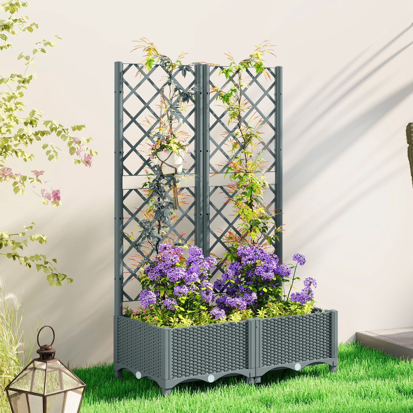 Outsunny Raised Garden Bed With Trellis For Climbing Plants Grey Plastic Planter Box With Drainage Holes And Reservoirs
