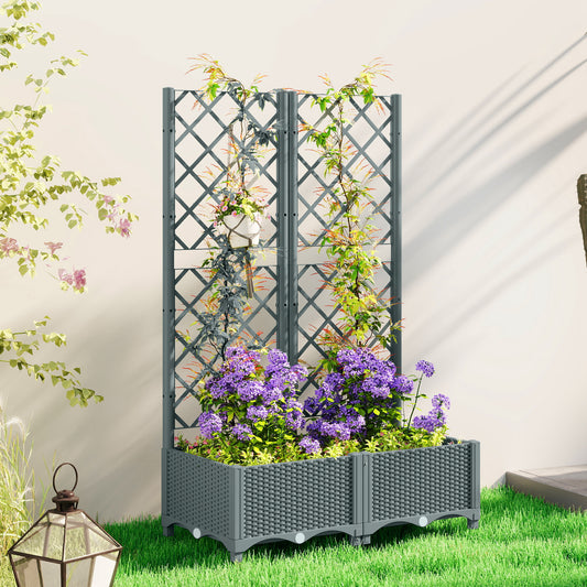 Outsunny Raised Garden Bed With Trellis For Climbing Plants Grey Plastic Planter Box With Drainage Holes And Reservoirs