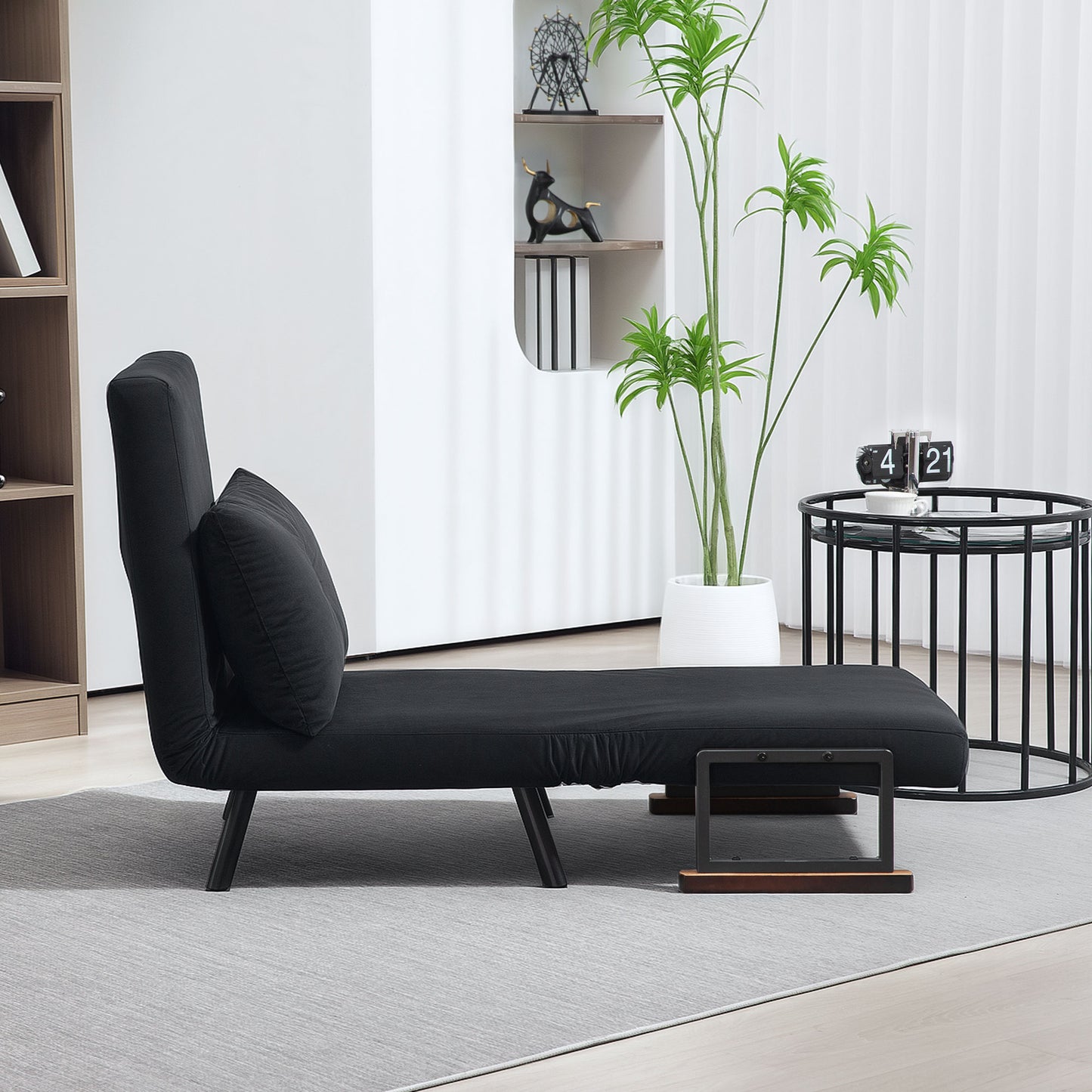 HOMCOM 4 In 1 Velvet Feel Single Chair Bed With Pillow Black Folding Sofa Bed For Living Room