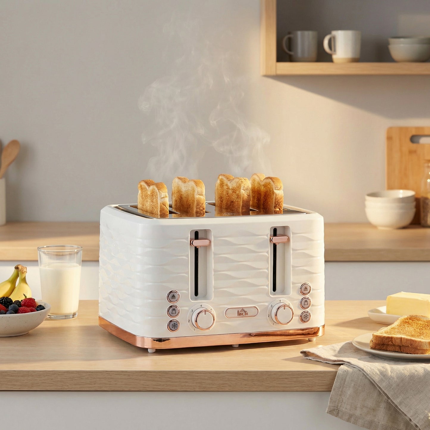 HOMCOM Four Slice Rippled Toaster With Automatic Centering And Seven Toast Levels White