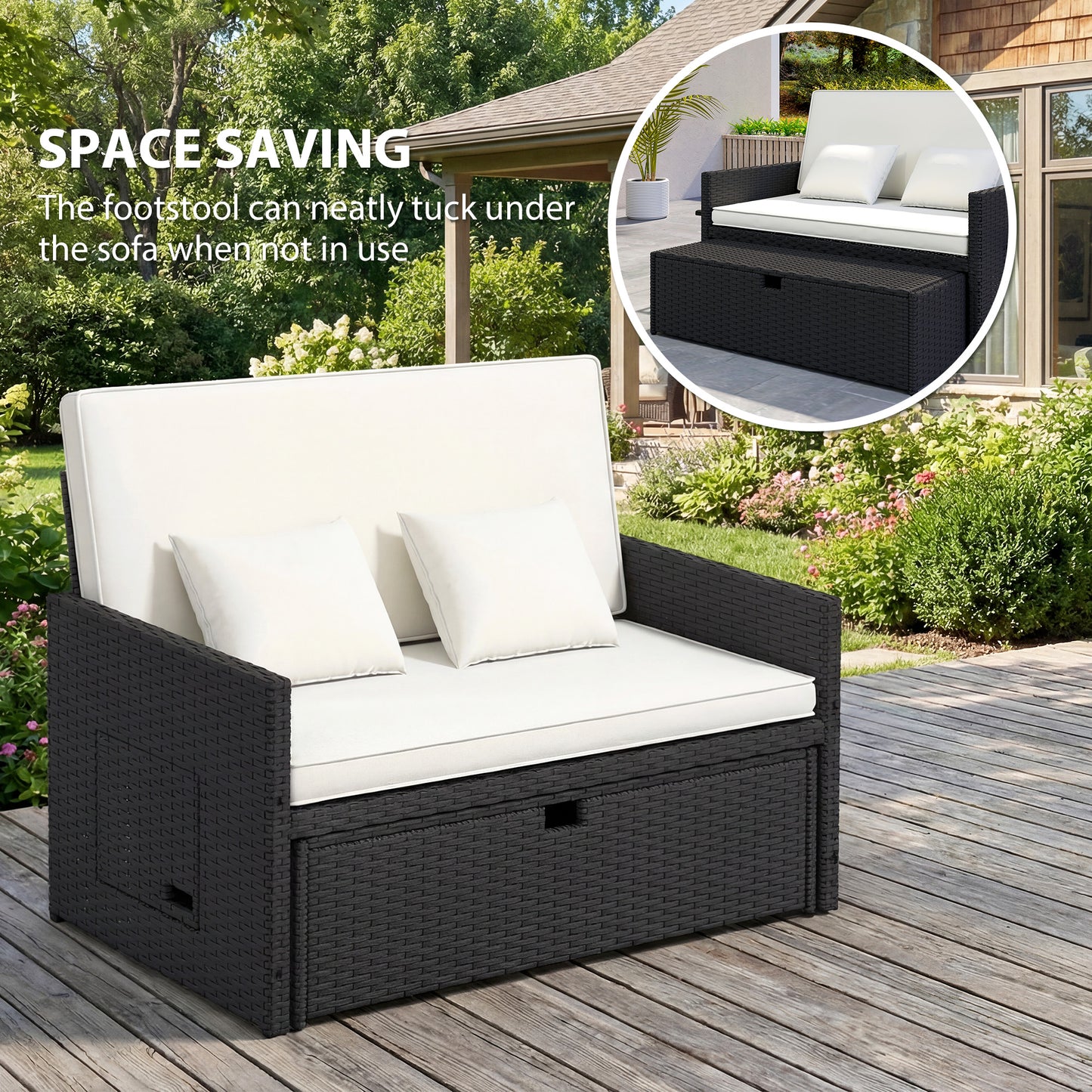 Outsunny Rattan Garden Daybed Two Piece Lounge Set With Adjustable Back And Storage Ottoman Cream White