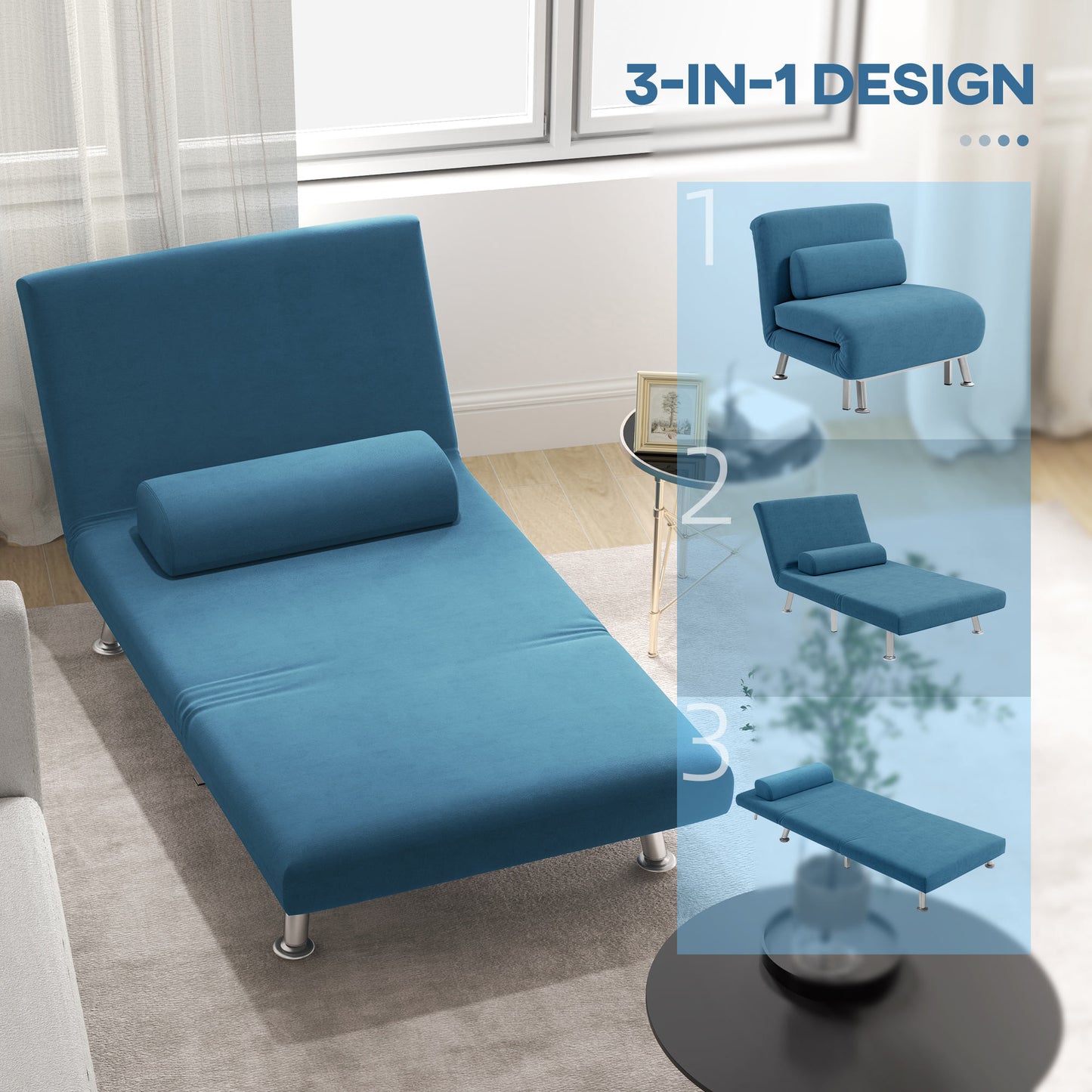 HOMCOM Velvet Feel Sleeper Chair Blue 3 In 1 Chair To Chaise Longue And Bed With Five Level Adjustable Backrest
