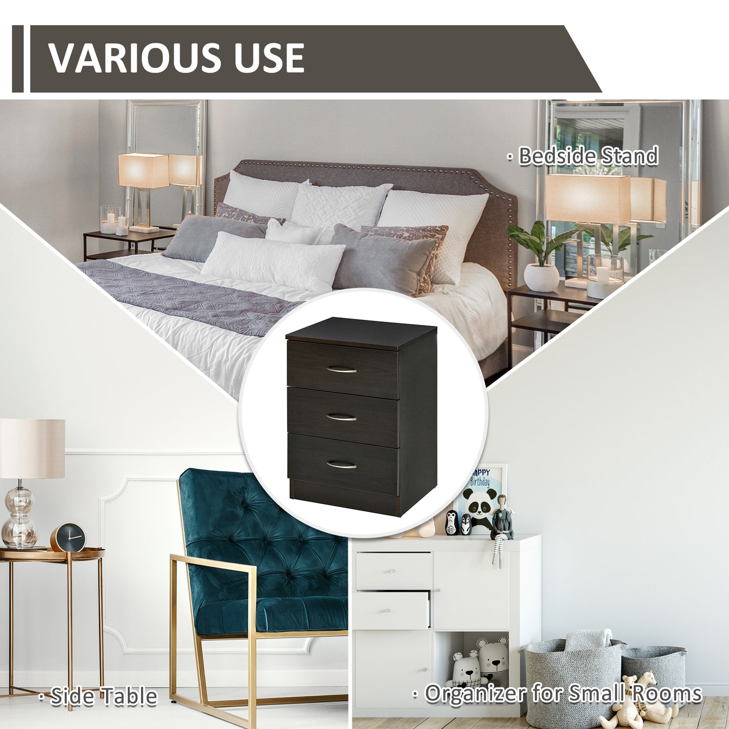 HOMCOM Bedside Cabinet With Drawer And Shelf White Nightstand Side Table With Metal Rail Set Of 2