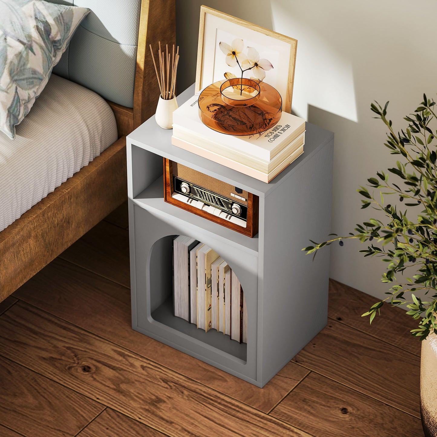 HOMCOM Bedside Table With Two Open Compartments Grey Arch Design End Table For Small Spaces