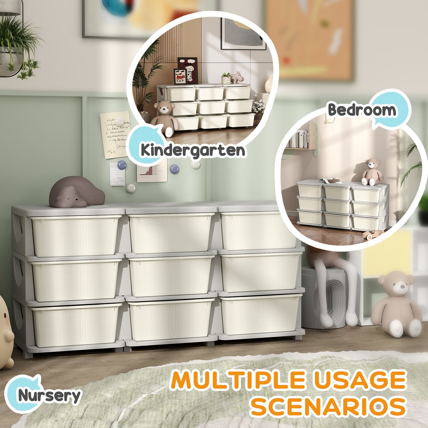 HOMCOM Kids Storage Unit With Nine Drawers Cream Plastic Toy Organizer For Toys And Books