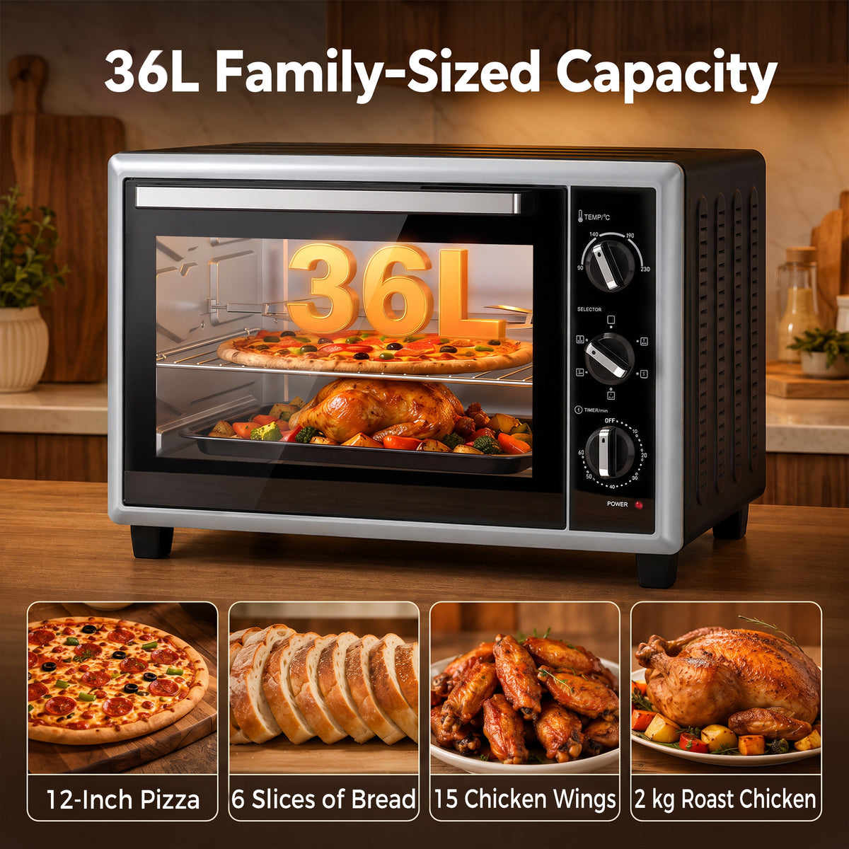 Front view countertop mini oven with rotisserie, glass window and three cooking control knobs