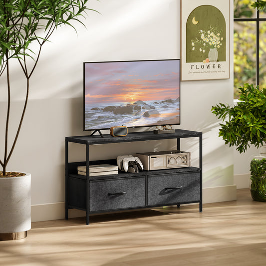 Two-tone black TV stand cabinet with two foldable drawers and open media shelves.