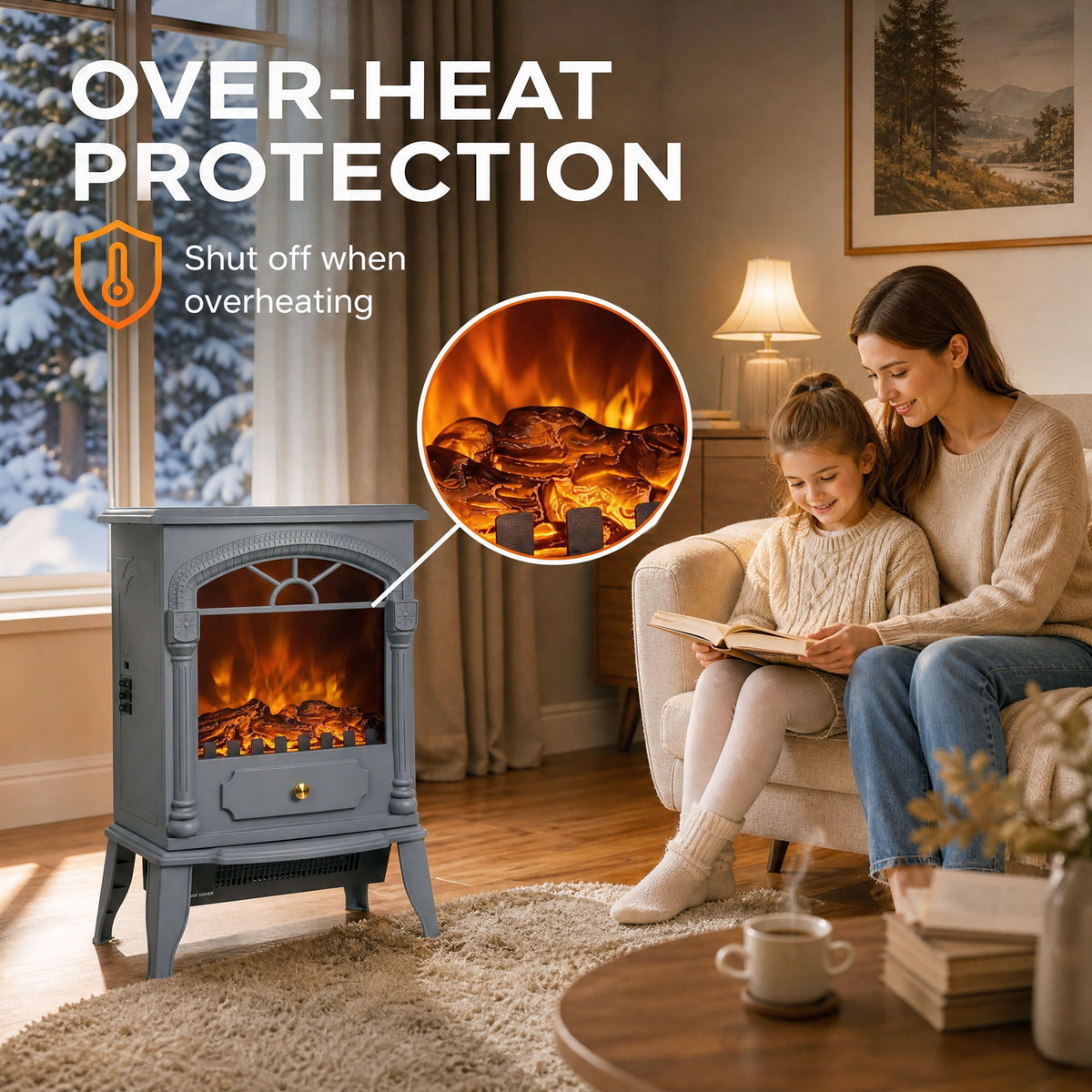 Homcom Electric Fireplace Heater With 3D Flame Effect Adjustable Thermostat Grey