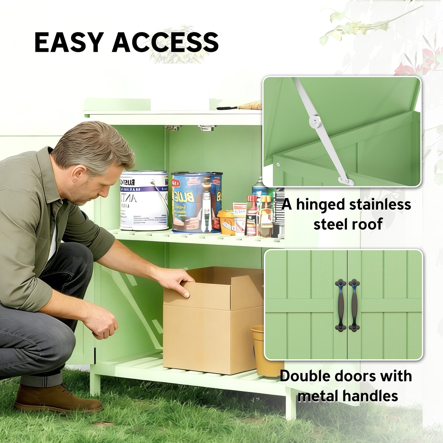 Outsunny Wooden Garden Shed For Tool Storage With Hinged Roof And Shelf Double Doors Light Green