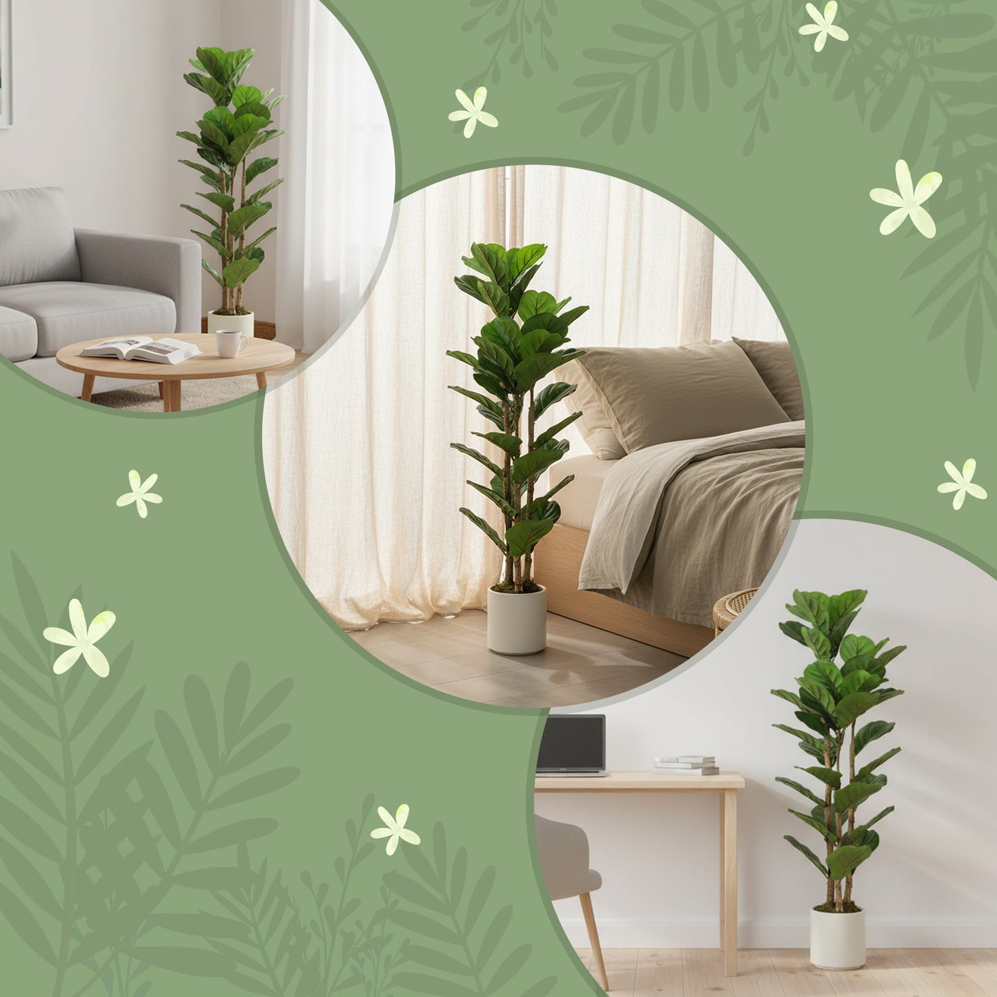 HOMCOM 120cm Artificial Fiddle Leaf Fig Tree Green Realistic Leaves Maintenance Free Indoor Plant Decor