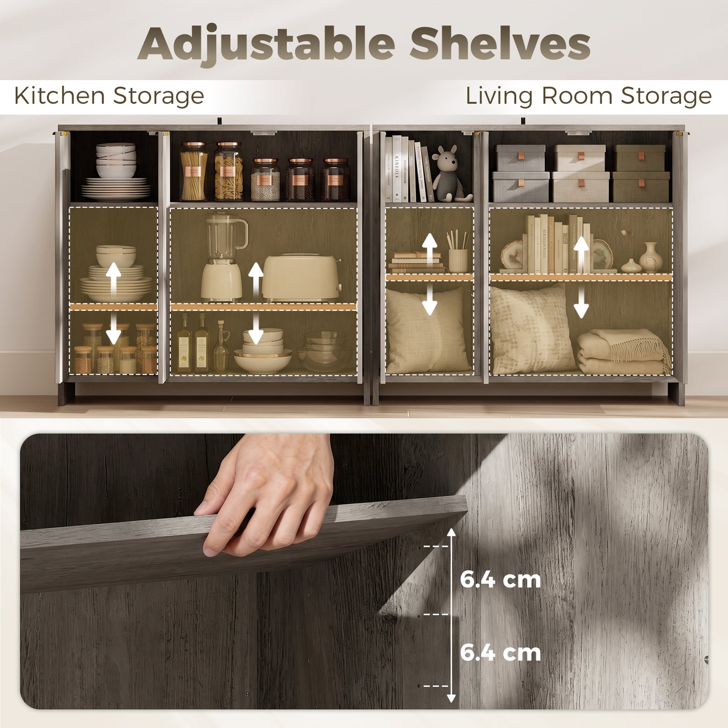 Homcom Sideboard Storage Cabinet With 3 Doors Adjustable Shelves Grey