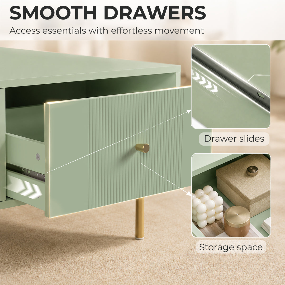 HOMCOM Modern Coffee Table with Storage, 2 Drawers, Light Green Finish