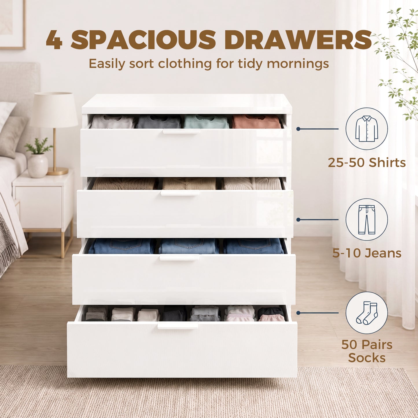 Homcom High Gloss 4 Drawer Chest Of Drawers White Bedroom Storage