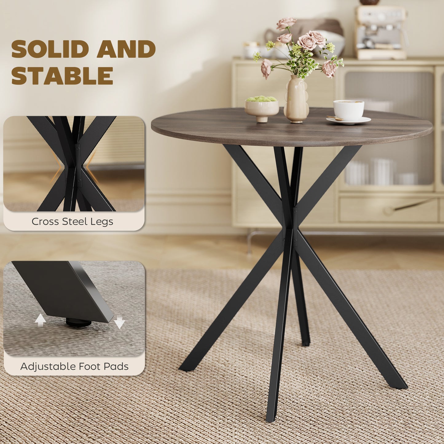 HOMCOM 80 Centimeter Industrial Round Dining Table Brown With X Shaped Legs Ideal For Family Meals