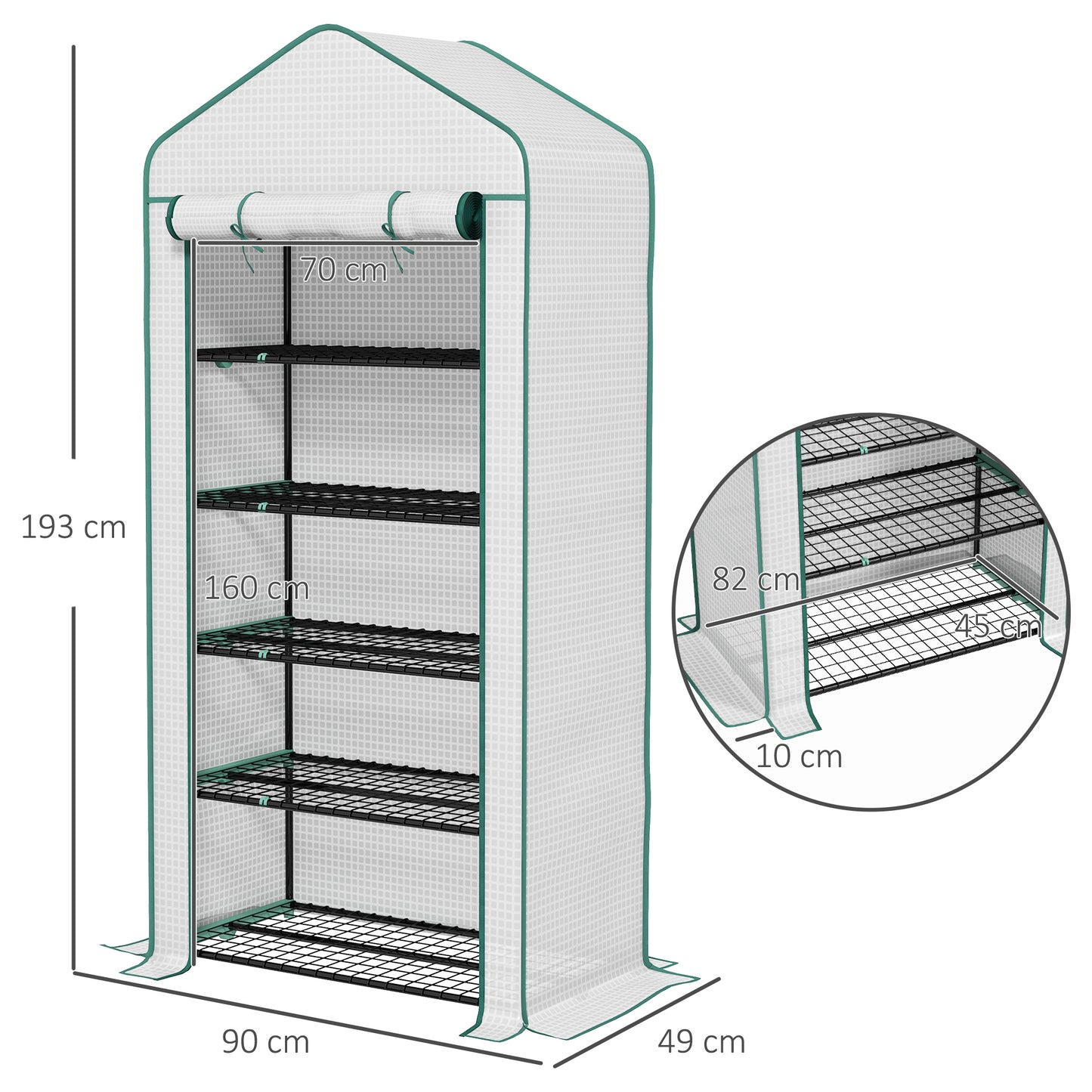 Outsunny Portable 5-Tier Mini Greenhouse with Reinforced PE Cover, Wire Shelves & Roll-Up Door - White, 193H x 90W x 49Dcm - ALL4U RETAILER LTD