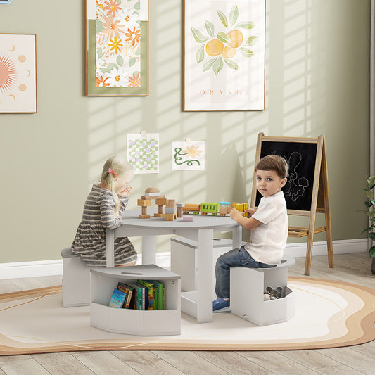 AIYAPLAY Five Piece Kids Table And Chairs Set With Storage For Ages 3 To 8 In Grey Space Saving Design