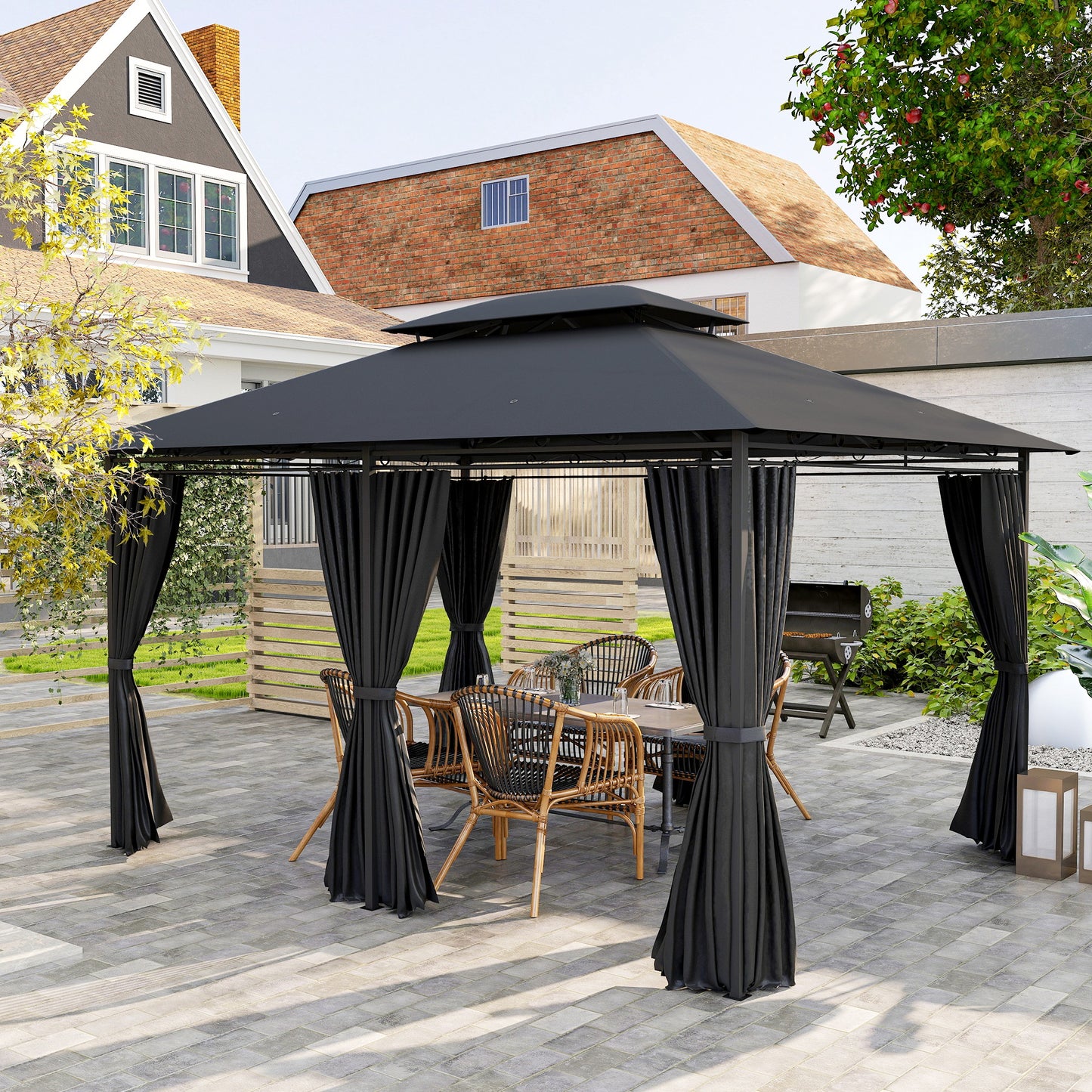 Outsunny 3x4m Steel Gazebo With UV Resistant Curtains Black Outdoor Party Shelter Two Tier Roof Ground Stakes