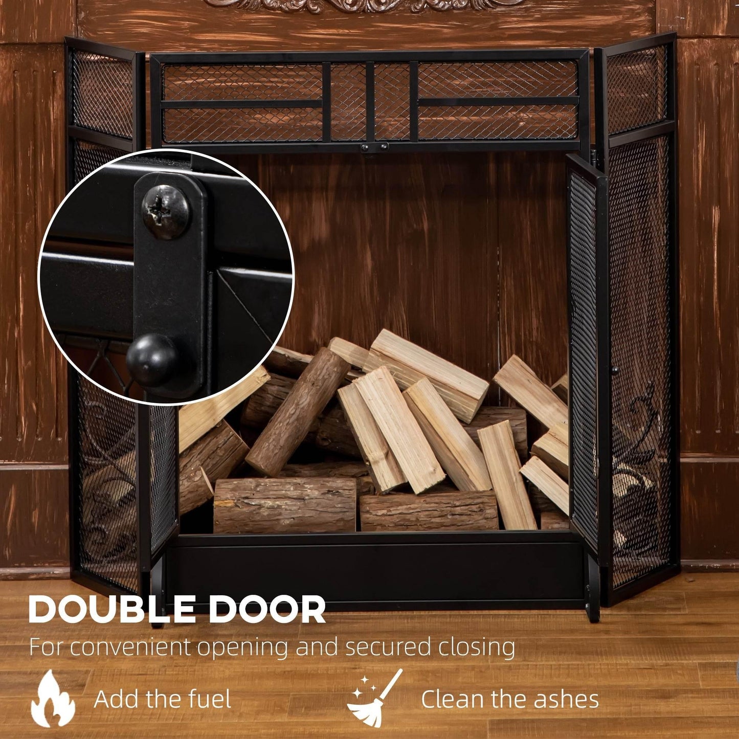 HOMCOM Black 3-Panel Folding Fireplace Screen with Dual Access Doors, Freestanding Spark Guard - ALL4U RETAILER LTD