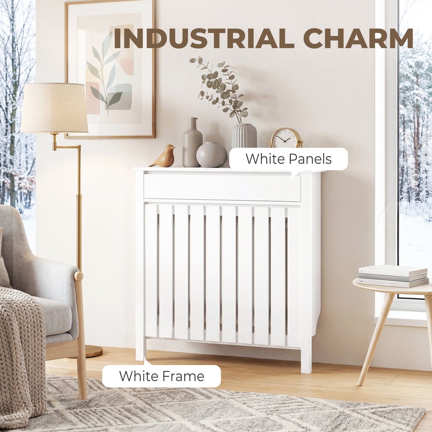 HOMCOM 93 x 88.5cm Rustic White Radiator Cover MDF Slatted Slim Design for Safe Heating