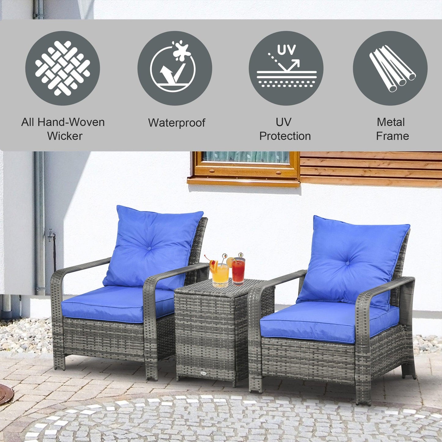 Outsunny 3pc PE Rattan Patio Bistro Set with Blue Cushions - ALL4U RETAILER LTD