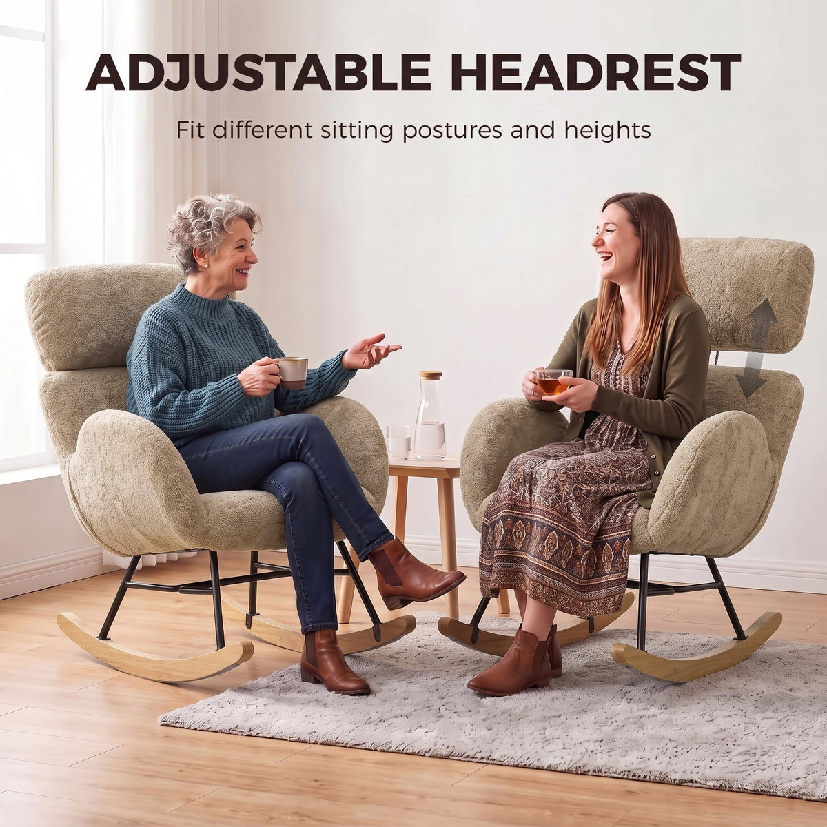 HOMCOM Upholstered Rocking Chair with Adjustable Headrest Light Brown Velvet