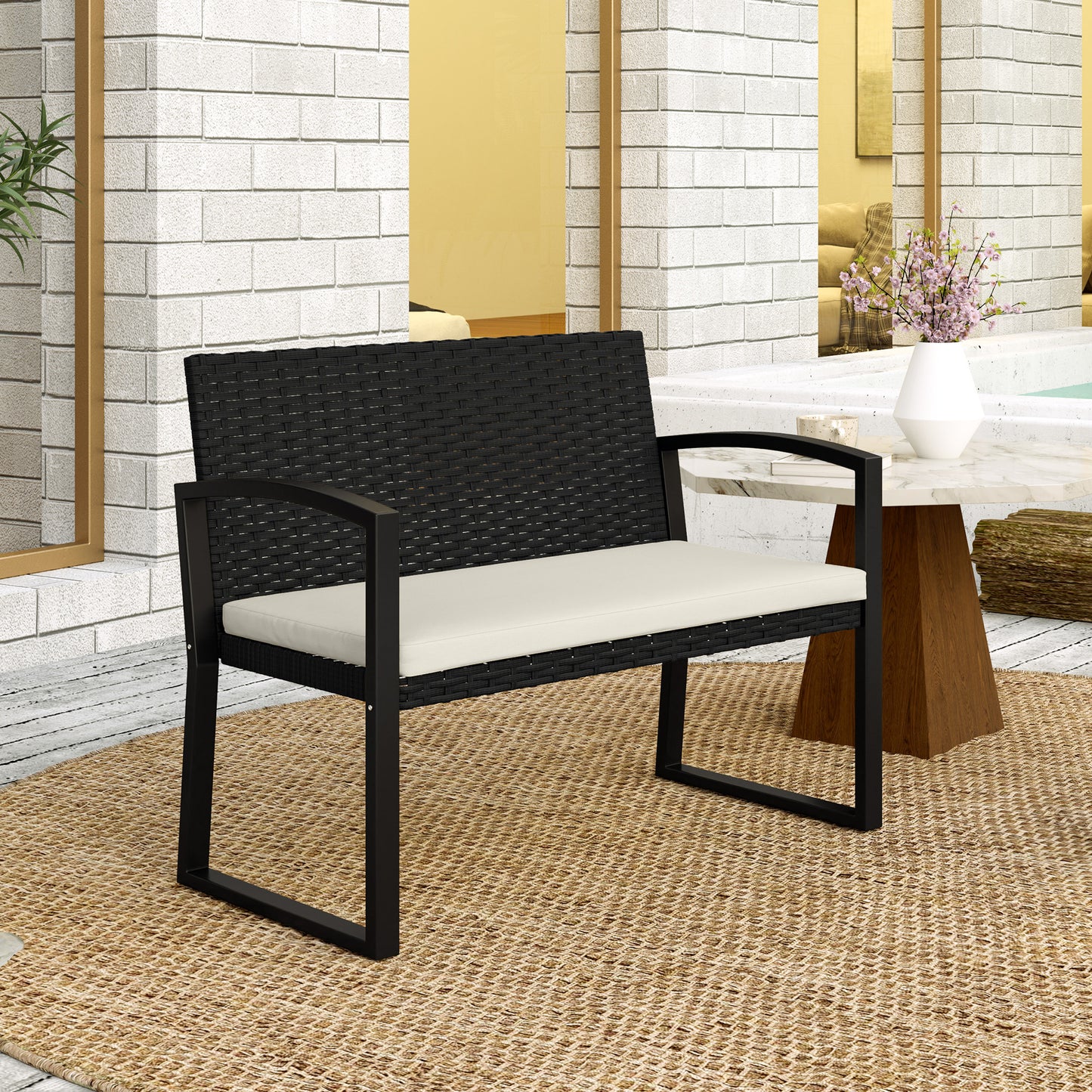 Outsunny Two Seater Rattan Garden Bench Beige Cushioned Seat With Powder Coated Steel Frame