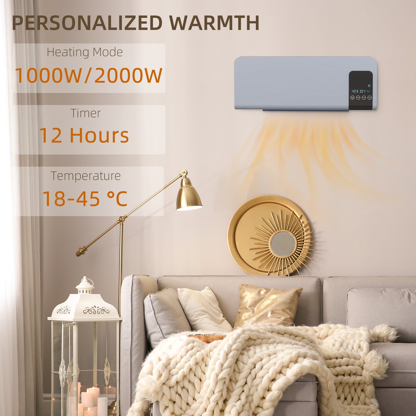HOMCOM 2000W Wall Mounted Heater With Oscillating Fan For Year Round Heating 18 To 45 Celsius Grey