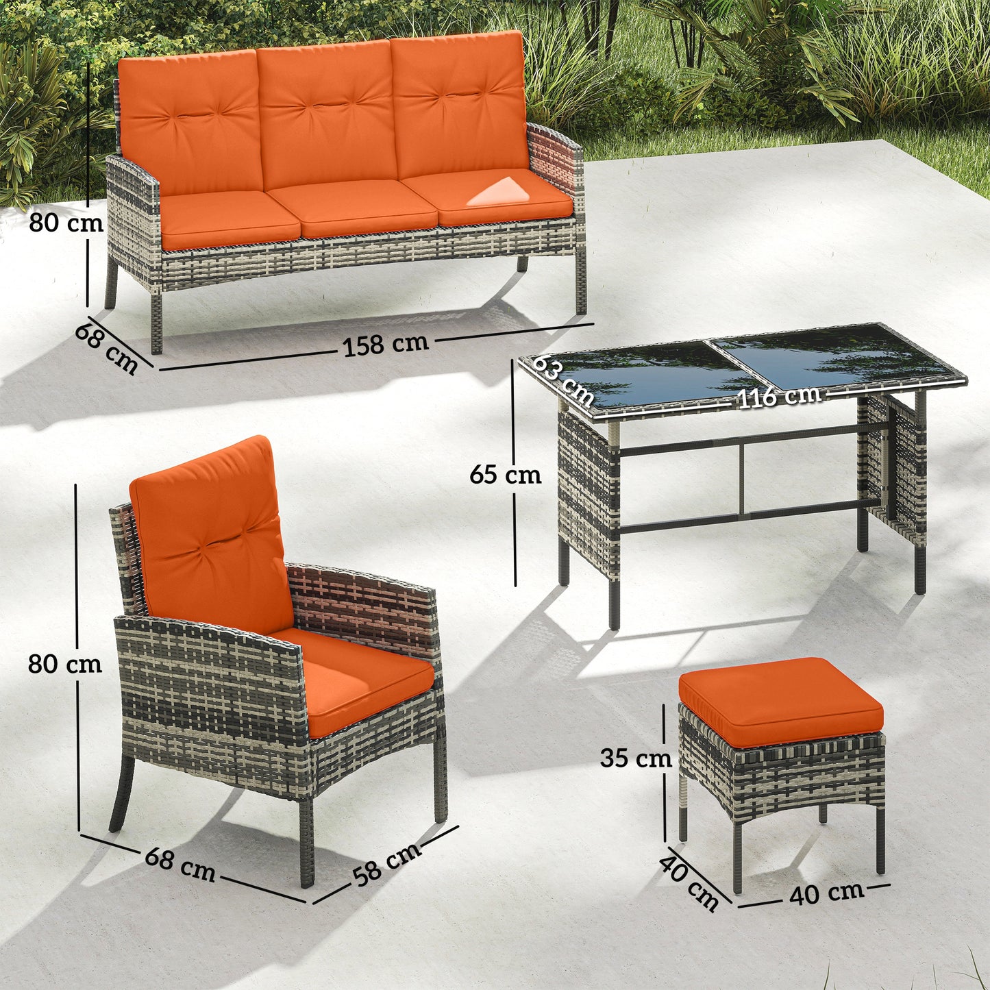 Outsunny 6 Piece Outdoor Rattan Garden Furniture Set With Dining Table And Cushions Orange