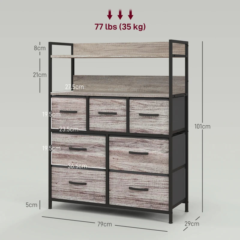 HOMCOM Rustic Chest of Seven Fabric Drawers with Grey Wood Effect Finish - ALL4U RETAILER LTD