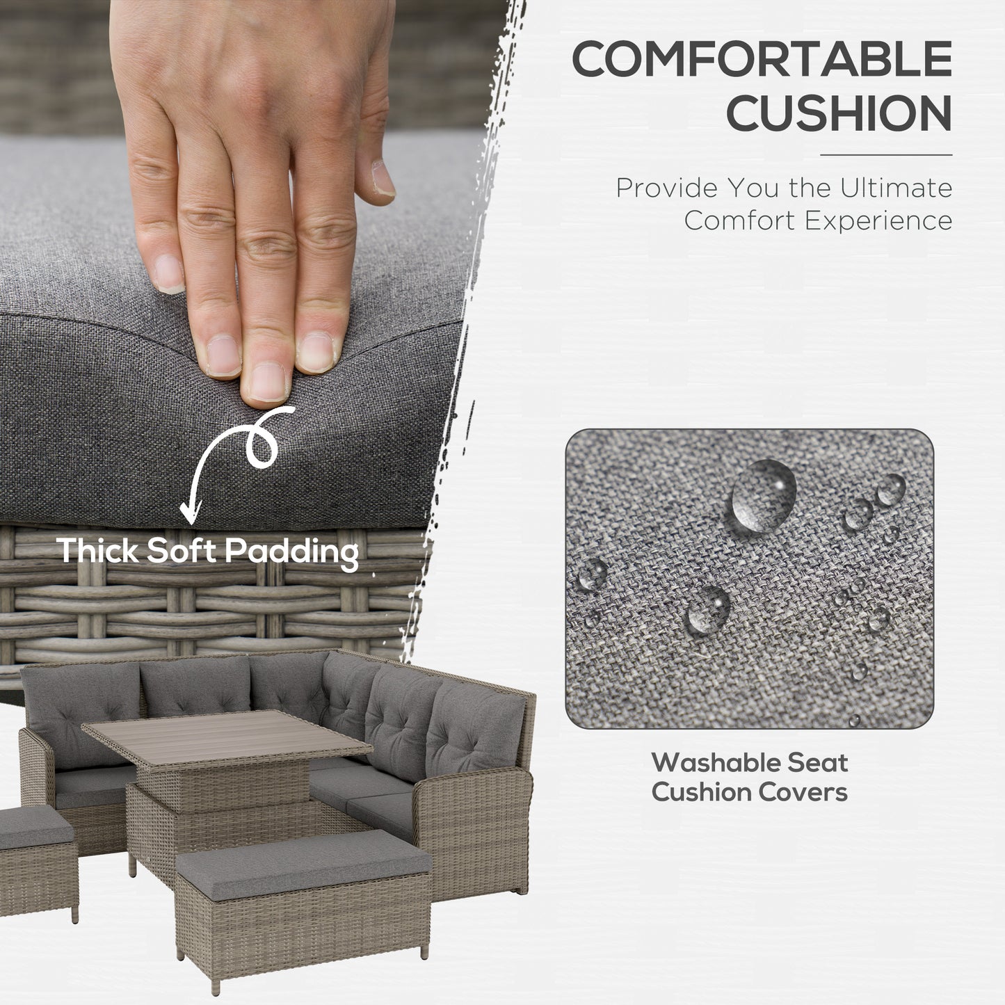 Outsunny 6 Outdoor PE Rattan Garden Furniture Set Patio Wicker Sectional Sofa With Liftable Coffee Table Light Grey