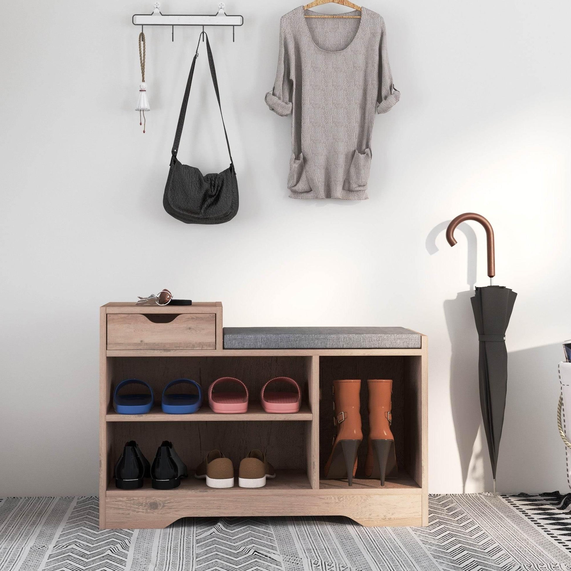 HOMCOM Grey Shoe Storage Bench with Comfortable Seating and Drawer - ALL4U RETAILER LTD