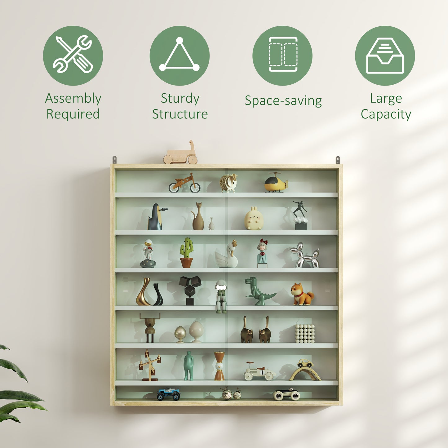 HOMCOM 7 Tier Wall Display Shelf Cabinet With Glass Doors 6 Adjustable Shelves For Home Office Oak 83 By 80 Cm