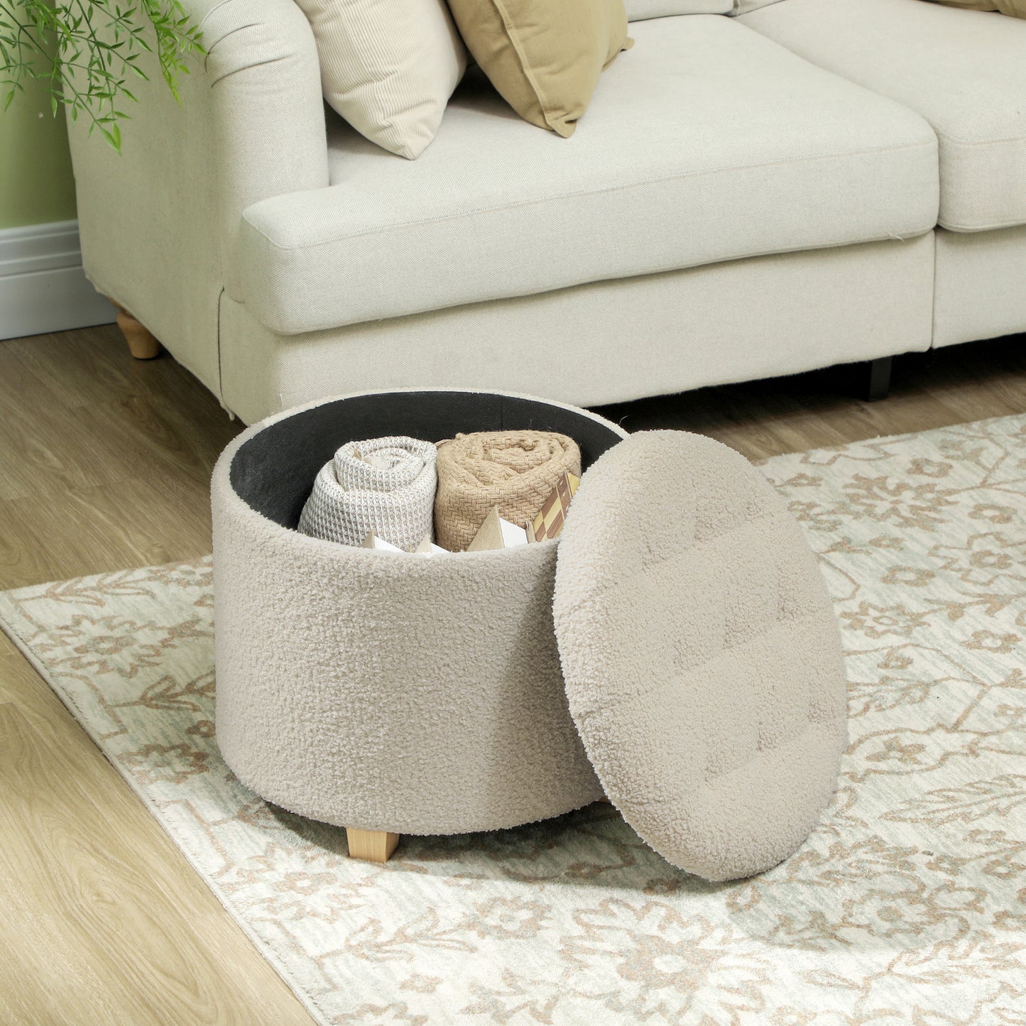 HOMCOM 40.5L Teddy Fleece Storage Ottoman With Button Tufted Lid In Cream White For Small Item Organization