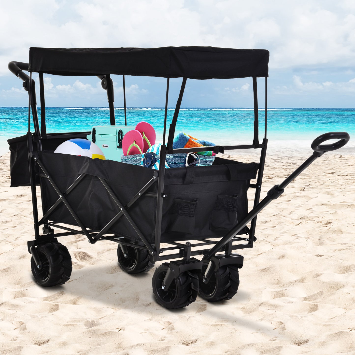 DURHAND Versatile Folding Trolley Cart with Canopy, 4-Wheel Beach and Garden Storage Solution - Black - ALL4U RETAILER LTD