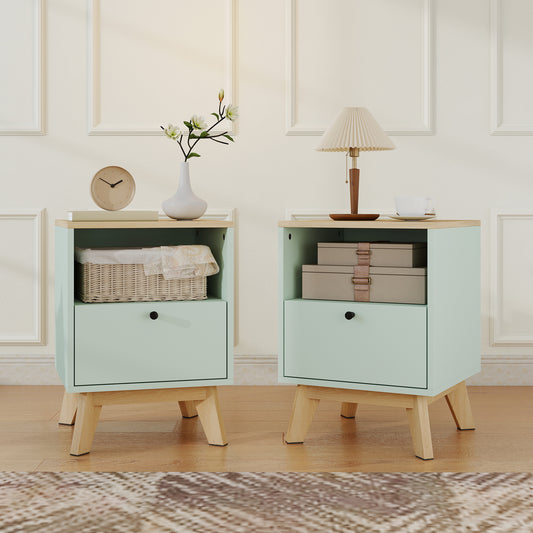 HOMCOM Modern Nightstand Set Of 2 Bedside Tables With Drawers And Open Shelf Light Green Finish