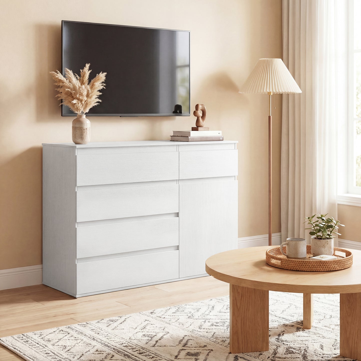 HOMCOM Modern Sideboard Storage Cabinet With Five Drawers Soft Close Doors And Adjustable Shelf White