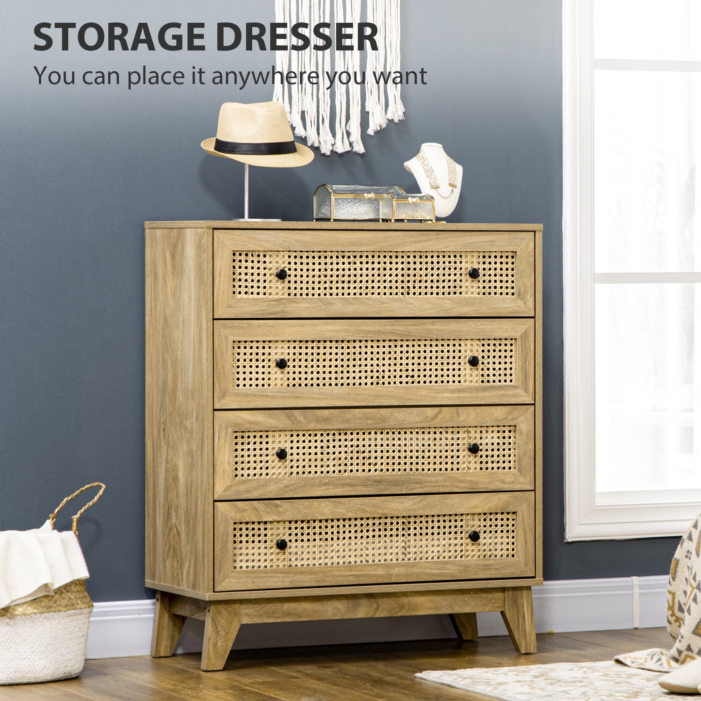 HOMCOM Chest Of Drawers With Four Rattan Drawers And Bedside Table With Door Natural Finish