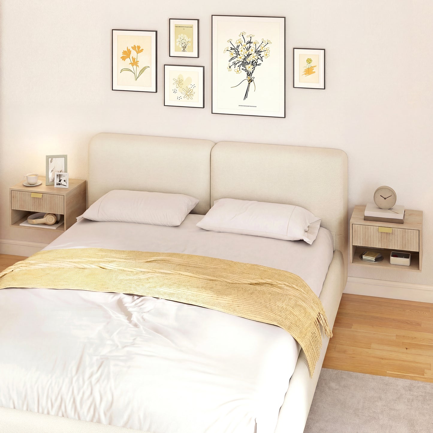 HOMCOM Set Of 2 Wall Mounted Nightstands Floating Bedside Tables With Fluted Drawer And Open Shelf For Small Bedroom Oak