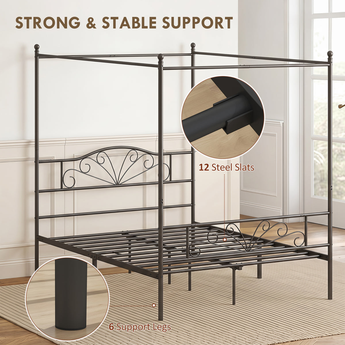 Homcom King Size Metal Platform Bed Frame With Canopy Posts Black