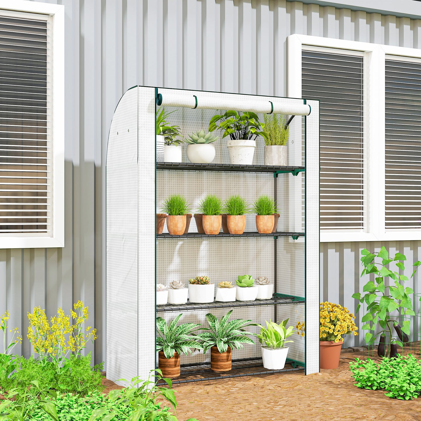 Outsunny Mini Greenhouse With Reinforced PE Cover Portable Indoor Outdoor With Roll Up Door 170x120x50 cm White