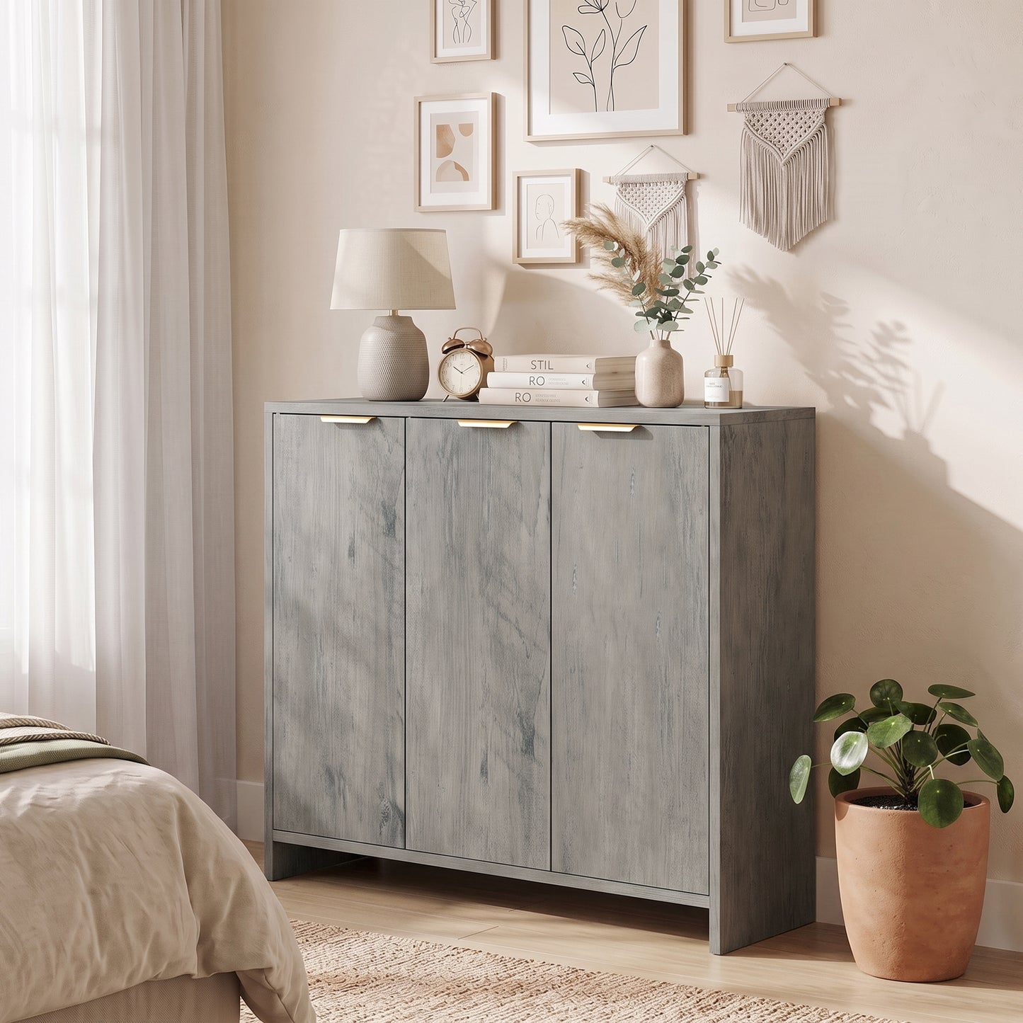 Homcom Sideboard Storage Cabinet With 3 Doors Adjustable Shelves Grey