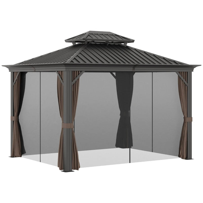 Outsunny 3.65 x 3m Aluminium Hardtop Gazebo with Netting, Curtains, and Hooks - Brown - ALL4U RETAILER LTD