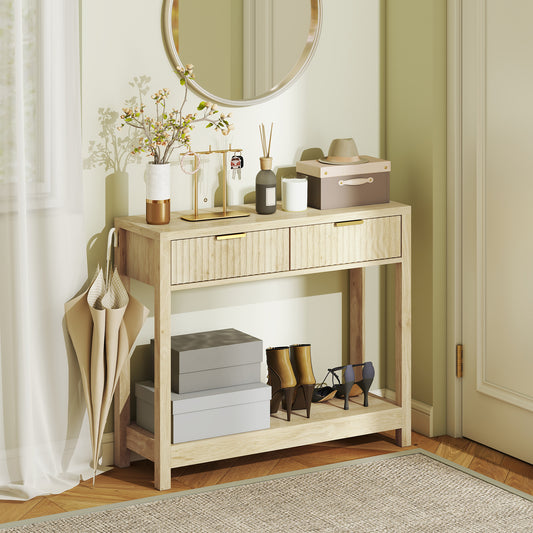 HOMCOM Modern Console Table With Fluted Panel Drawers Narrow Hallway Entryway Table With Open Shelf Natural Wood Finish